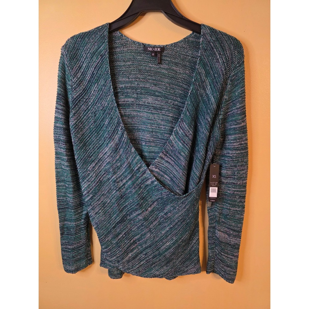 NIC+ZOE Jade Mix Wrap Sweater Green Space Dye Linen Blend XS R171147R NWT